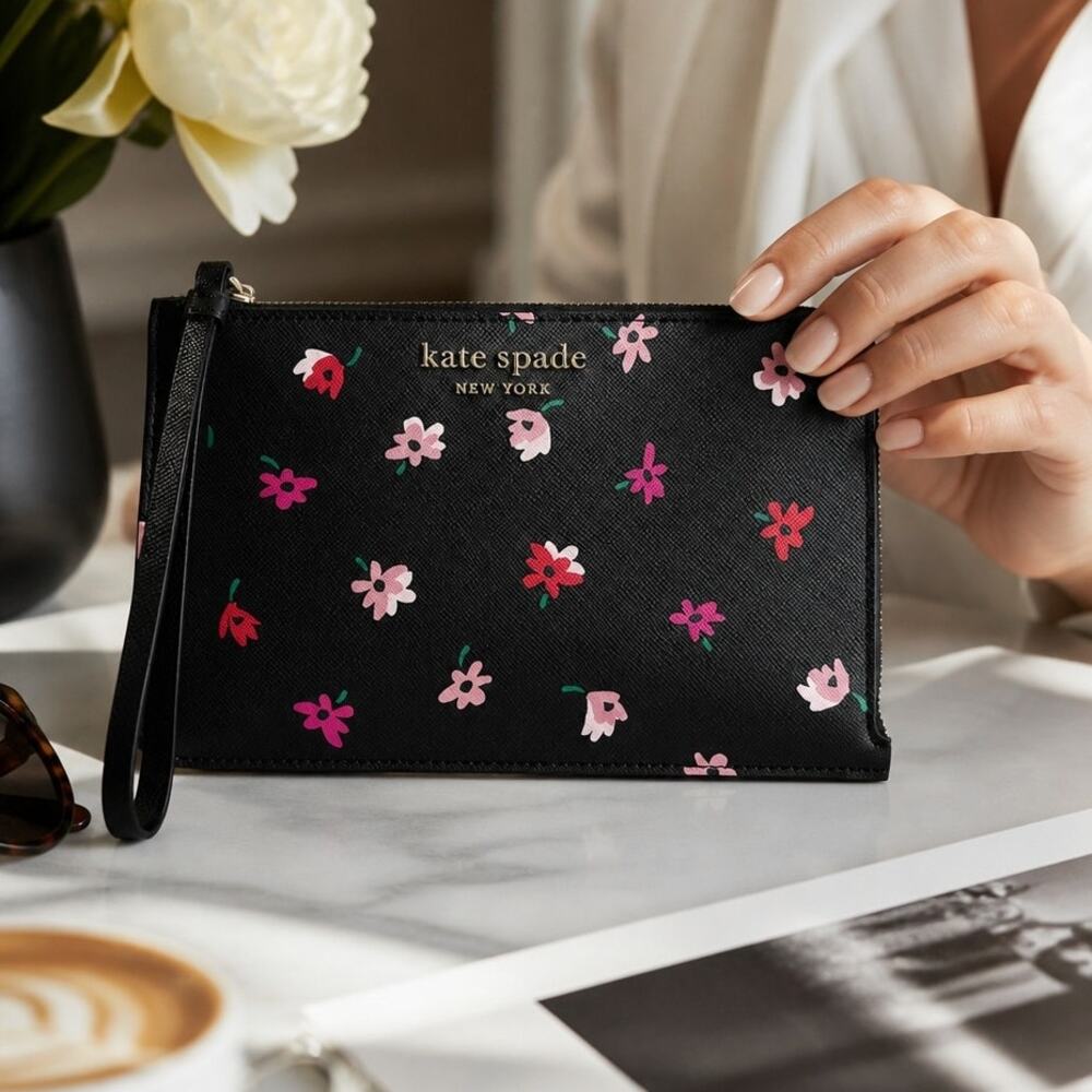 Kate Spade New York Floral Zip Wristlet Clutch Black Saffiano Leather Wallet